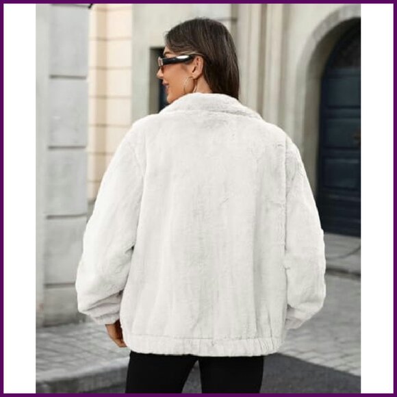 Faux Fur Lapel Zip Up Cropped Jacket Winter Coat Warm Fleece - Picture 7 of 7